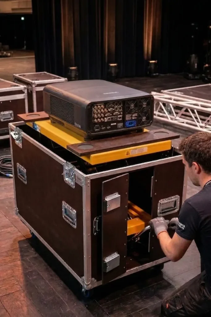 Flight case avec table élévatrice pour rétro-projecteur flight case pour rétro projecteur