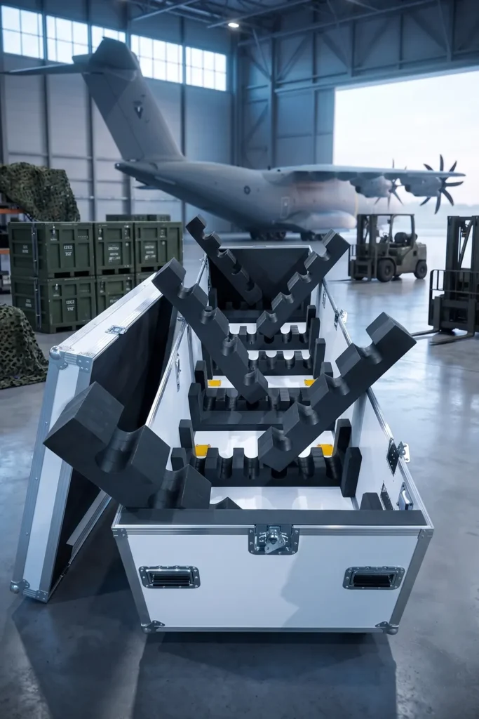 Flight case en alukore avec mousses usinées en EXP45 Flight case militaire